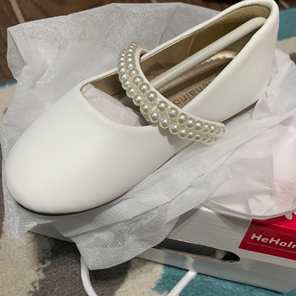 Little Girls White Flats With Pearl Accents